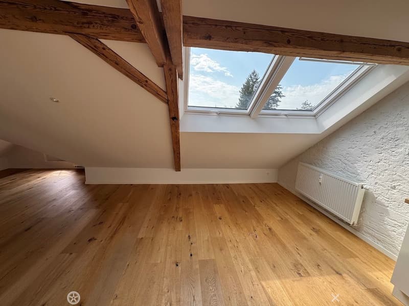 Empty attic room with wooden flooring, exposed wooden beams, and skylight windows offering a view of the sky and trees.