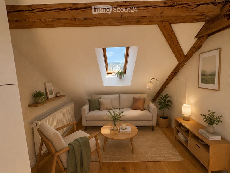 Cozy living room with exposed wooden beams, skylight window, sofa, coffee table, armchair, side table, floor lamp, and decorative plants.