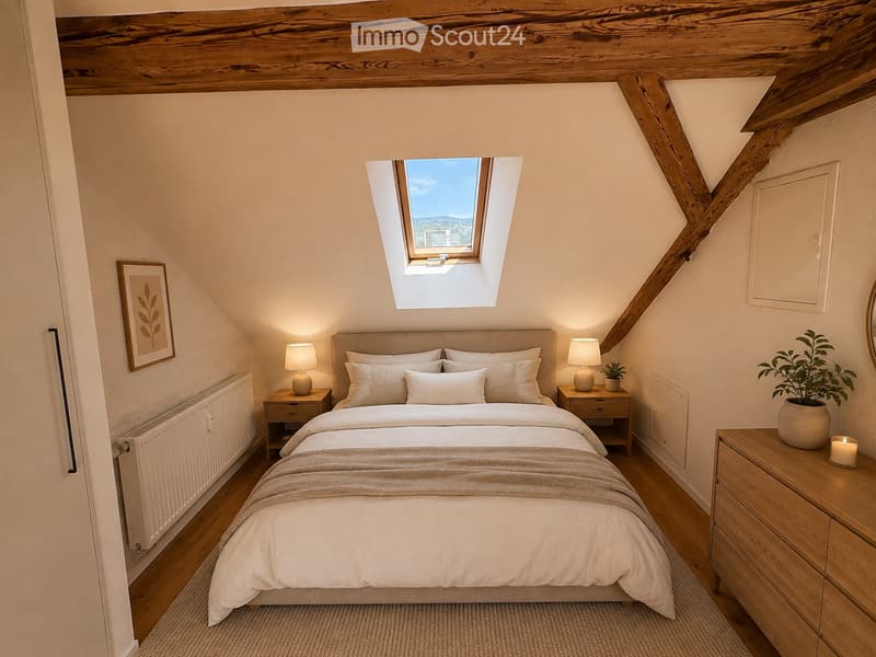 Cozy attic bedroom with wooden beams, skylight window, bed, nightstands, lamps, and a small plant on a dresser.
