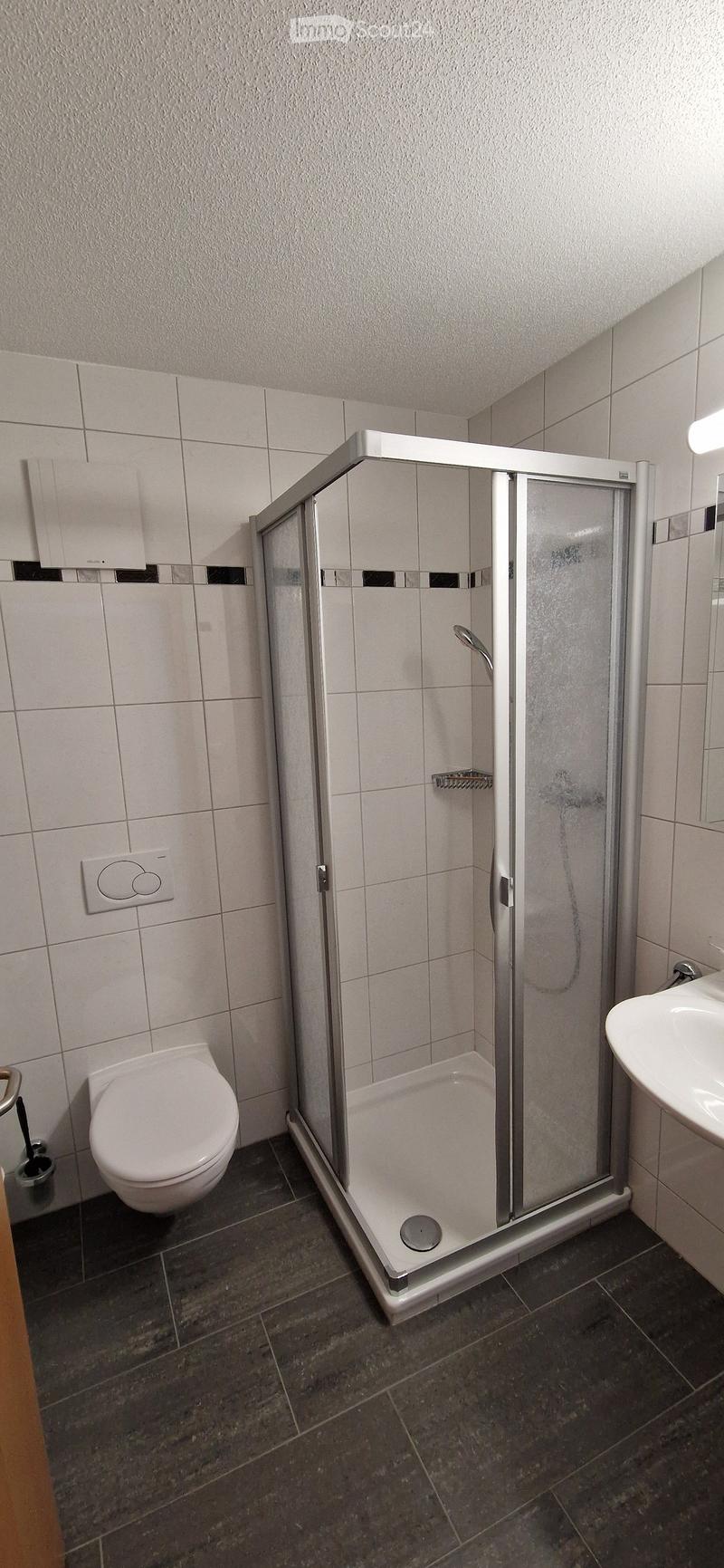 Modern bathroom with white tiled walls, a glass-enclosed shower, a toilet, and a sink.