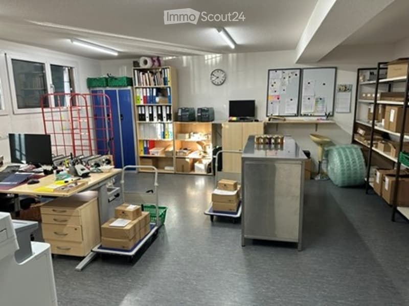 Office space with desks, chairs, computer monitors, shelves, storage boxes, and a clock on the wall.