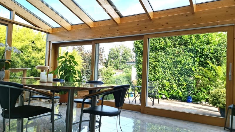 Brightly lit room with large glass windows and a skylight, featuring a dining table with chairs, a cat tree, a vase with flowers, and a potted plant.