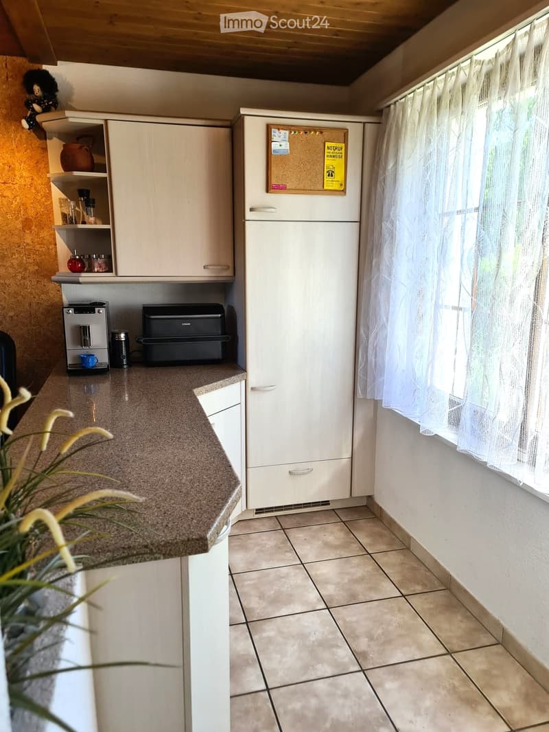 Modern kitchen with light-colored cabinets, granite countertop, refrigerator, coffee maker, printer, and a small plant on the counter.