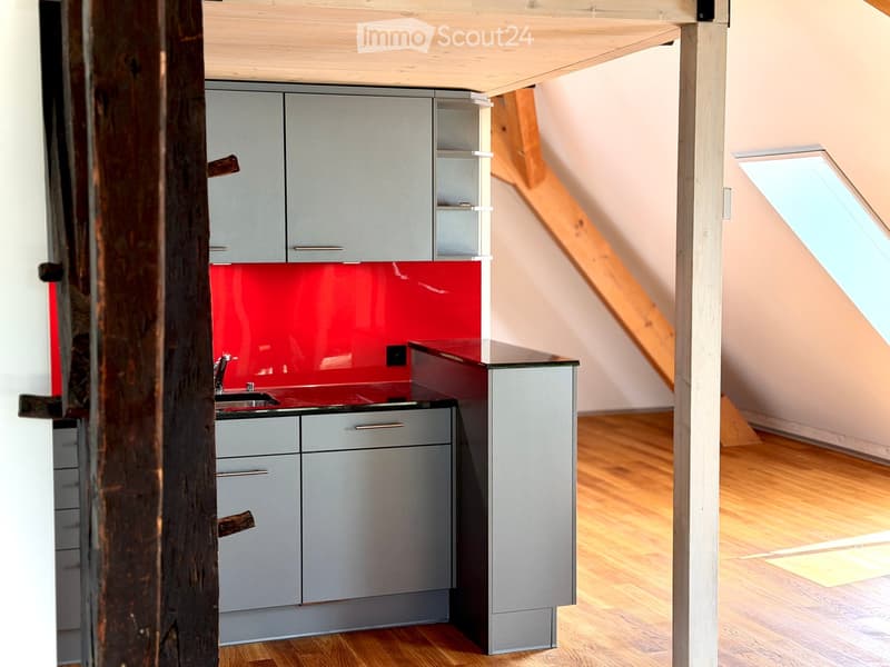 Modern kitchen with grey cabinets, red backsplash, and wooden flooring.