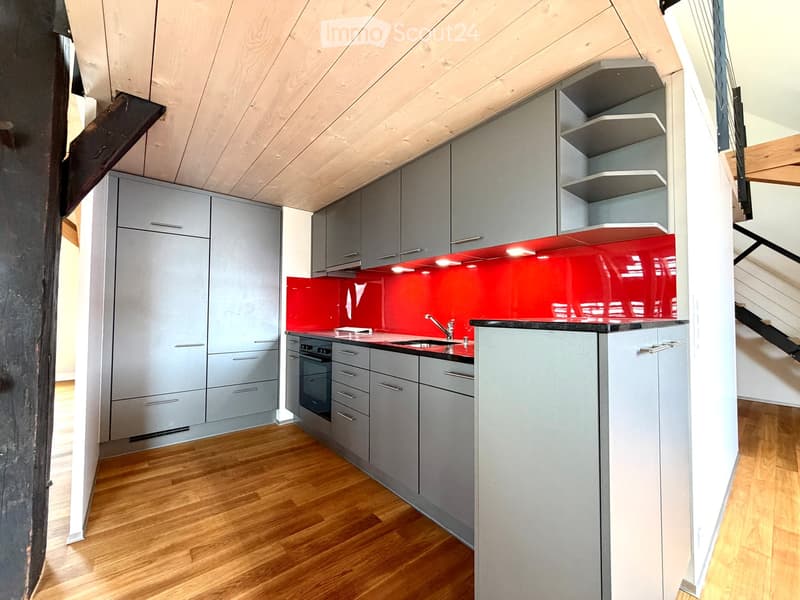 Modern kitchen with grey cabinets, red backsplash, wooden flooring, and built-in appliances including a sink, faucet, and oven.