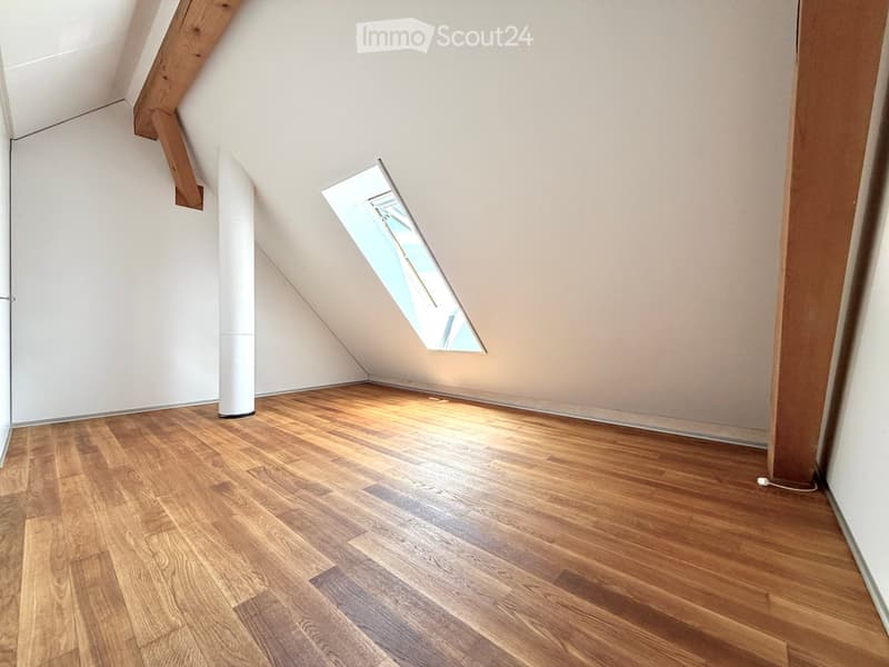 Empty attic room with wooden flooring, white walls, and a skylight window allowing natural light to enter.