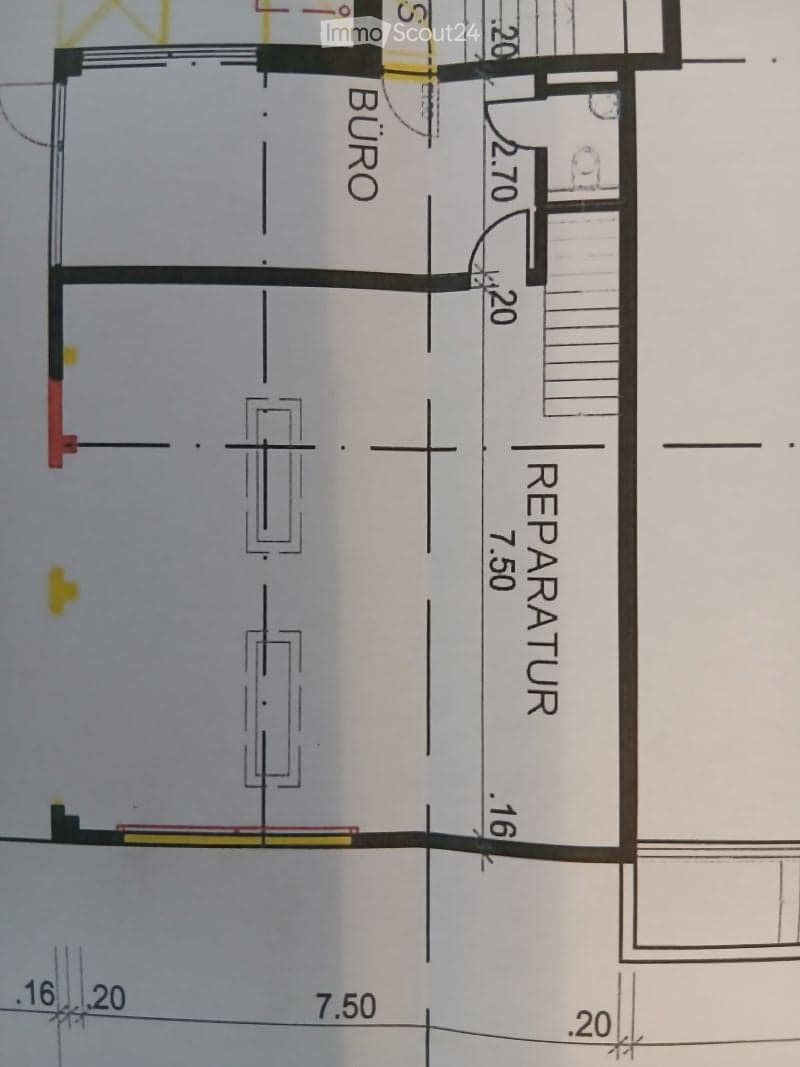 Floor plan showing a room labeled "Buro" and a "Reparatur" area, with dimensions marked in meters.