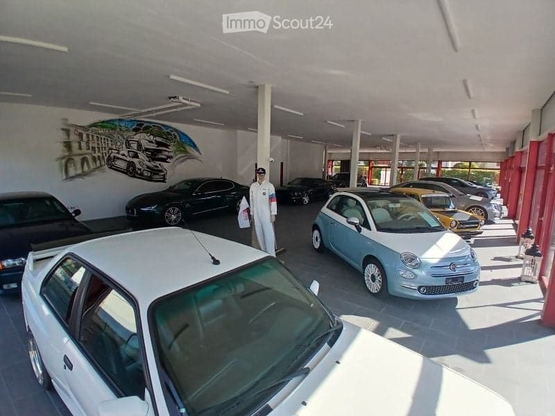 Car showroom with multiple parked cars, including a white car in the foreground, a light blue Fiat, and several other vehicles. A person in a uniform stands near the cars, and a mural of a building and cars is visible on the wall.