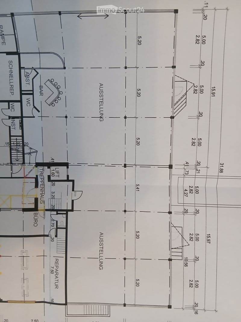 Floor plan showing a commercial space layout with areas labeled as Bar, WC, Repräsentationsraum, Reparatur, and Ausstellungsräume. Includes dimensions and a ramp access.
