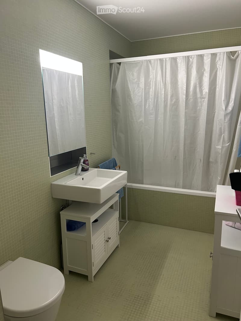 Bathroom with green tiled walls, a white sink with a mirror, a toilet, a shower area with a curtain, and a small cabinet under the sink.