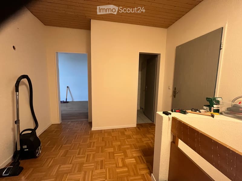 Hallway with wooden herringbone flooring, white walls, and a partially visible room with a broom and dustpan. Tools and a vacuum cleaner are present.