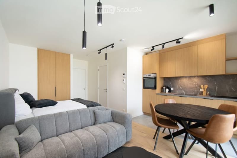 Modern, open-plan living and sleeping area with a grey sofa, a bed, a dining table with chairs, and wooden cabinets. The space features sleek, contemporary design with pendant lighting and a neutral color palette.