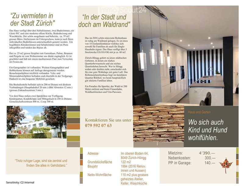Brochure page showcasing a modern house in Zurich-Höngg, featuring three bedrooms, two bathrooms, a guest WC, a modern open kitchen, and a large office/studio space in the basement. Includes a large patio with a garden house, palm trees, and a pergola. Th