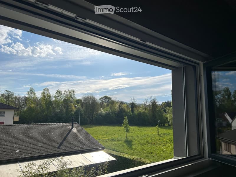 View from a large window showing a green field, trees, and a house in the distance under a partly cloudy sky.
