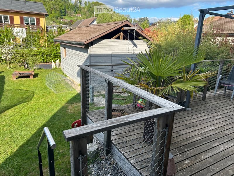 A wooden deck with a railing, surrounded by a grassy lawn, a small shed, and various plants, including palm trees. The deck includes a chair and a small table.