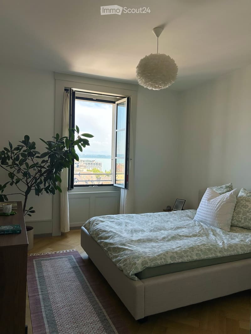 Cozy bedroom with a large bed, nightstand, lamp, and a potted plant near the window offering a view.