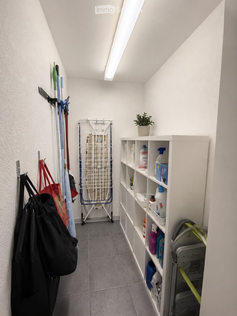 A narrow hallway with white walls, tiled floor, and built-in shelving unit holding cleaning supplies, a potted plant, and folded items. Cleaning tools and bags are hanging on the left wall.