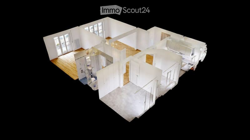 3D floor plan of a modern apartment with open-plan living and dining areas, separate kitchen, two bedrooms, and a bathroom. Features large windows and a balcony.