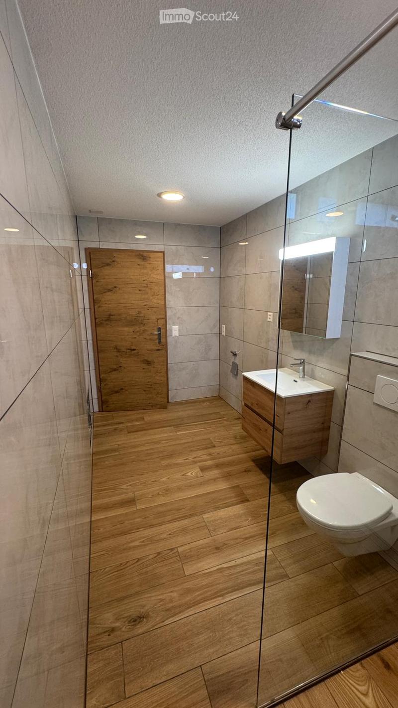 Modern bathroom with wooden flooring, a glass-enclosed shower area, a sink with a wooden cabinet, and a toilet.