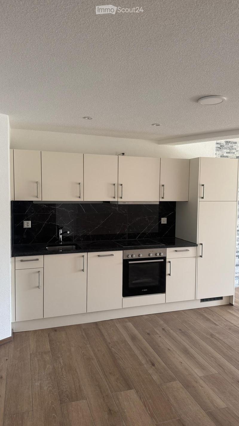Modern kitchen with light-colored cabinets, a black marble backsplash, and a wooden floor.
