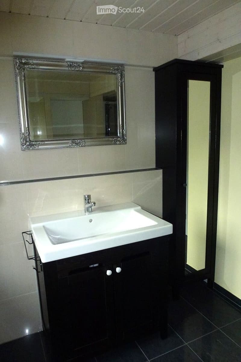 Modern bathroom with a white sink, dark wooden cabinet, and ornate silver-framed mirror.