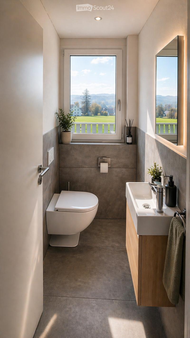 modern bathroom with toilet, sink, mirror, and window