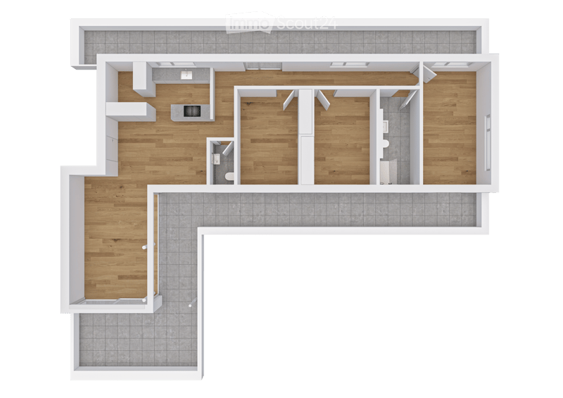 Open floor plan with kitchen, living room, 1 bedroom, 1 bathroom, and a small balcony