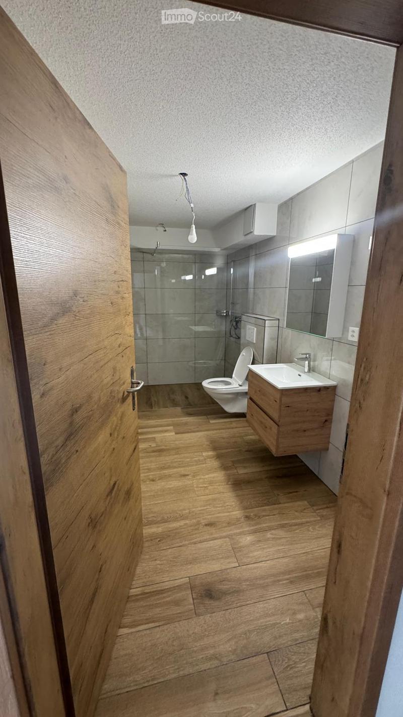 Modern bathroom with wooden flooring, a toilet, a sink with a wooden cabinet, and a mirrored cabinet above the sink. A glass-enclosed shower is visible in the background.