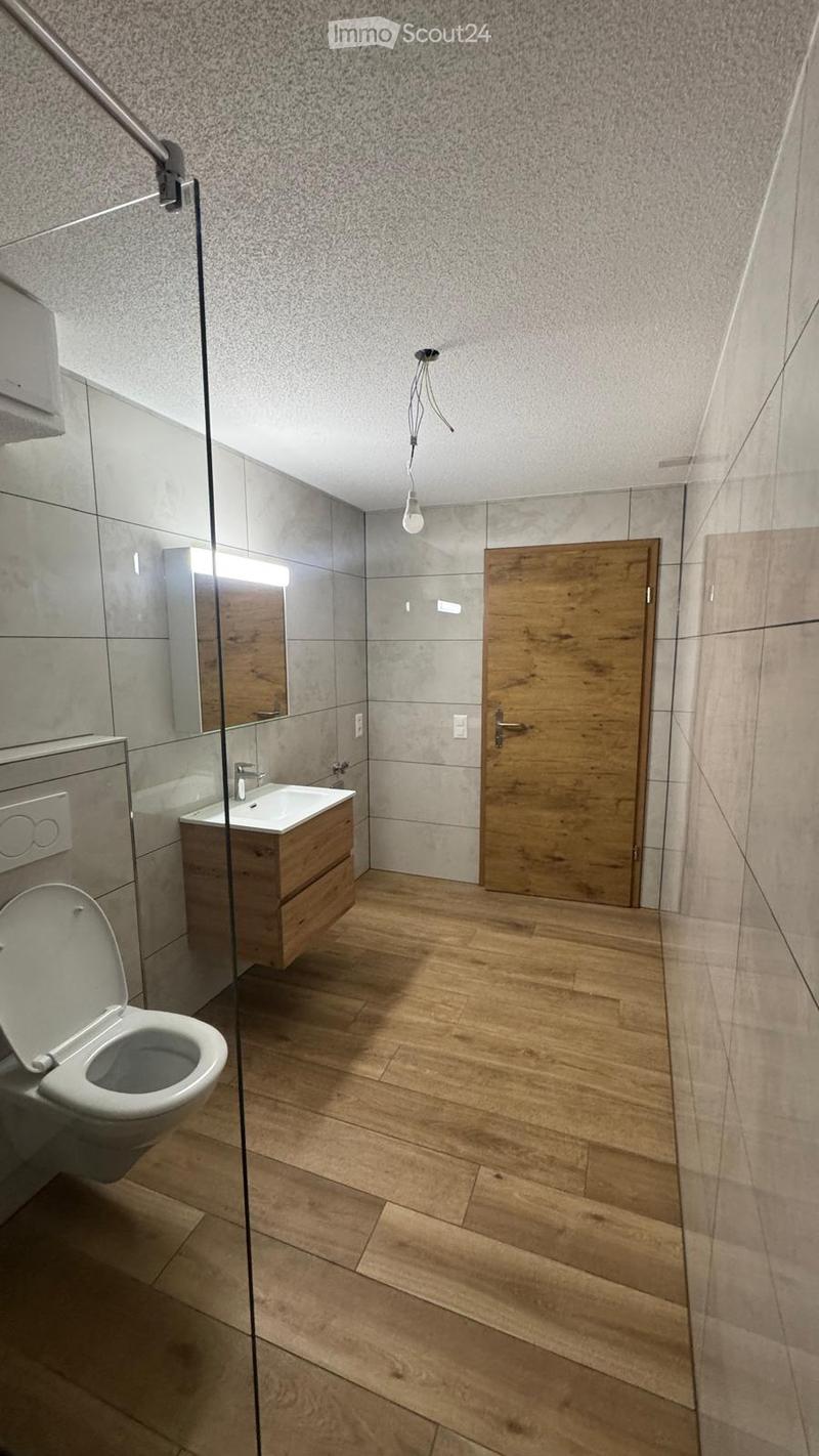Modern bathroom with wooden flooring, a toilet, a sink with a wooden cabinet, and a large mirror. The space features a glass shower enclosure and a wooden door.