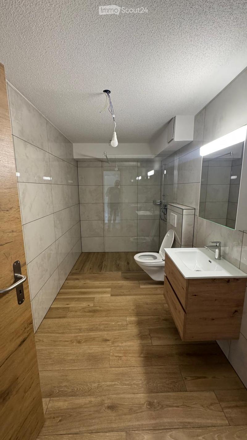 Modern bathroom with wooden flooring, a toilet, a sink with a wooden cabinet, and a large mirror above the sink. The shower area is enclosed with glass walls.