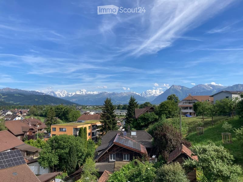 A panoramic view of a residential area with multiple houses, surrounded by lush greenery and distant snow-capped mountains under a clear blue sky.