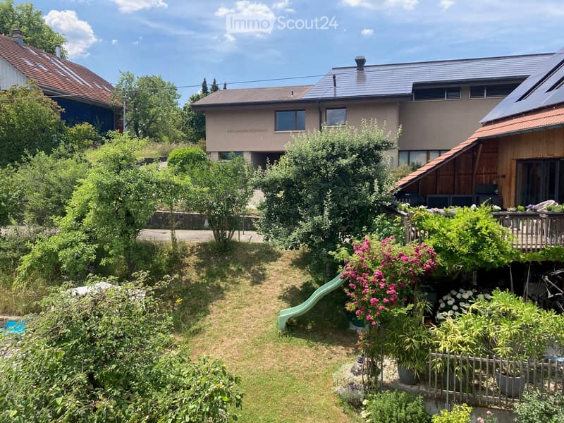 A well-maintained garden with a slide, various plants, and a wooden fence, surrounded by trees and neighboring houses.