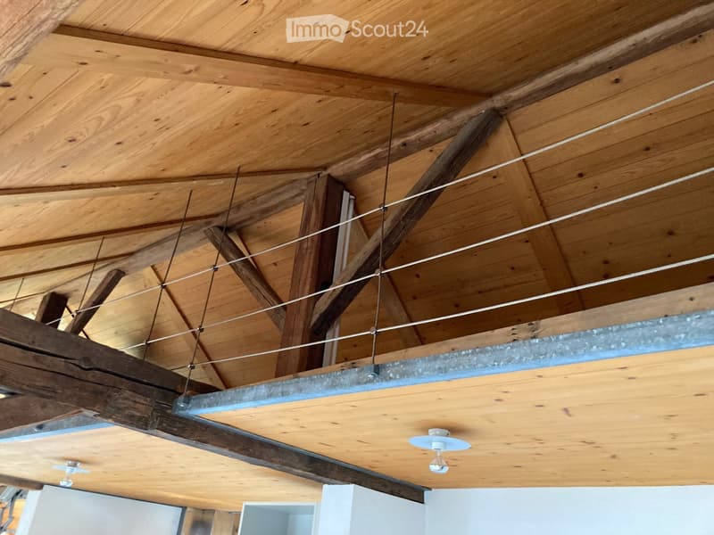 An unfurnished room with exposed wooden beams and a metal cable system on the ceiling, featuring a single pendant light fixture.
