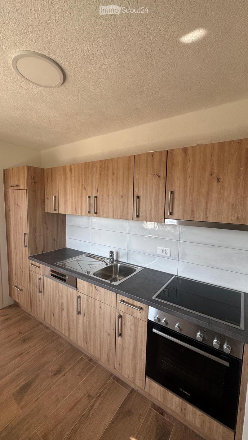 Modern kitchen with light wooden cabinets, stainless steel sink, oven, and countertop.