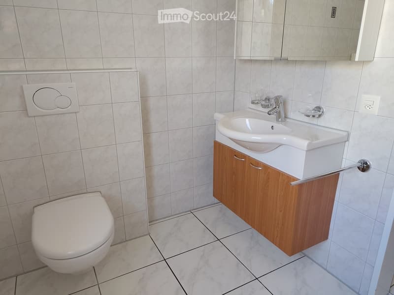 Modern bathroom with white tiles, a toilet, a sink with a wooden cabinet, and a mirror above the sink.