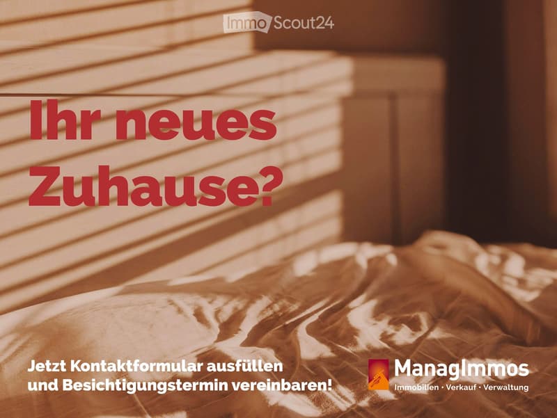 Promotional image for a new home, featuring a blurred background of a house exterior with text overlay in German.