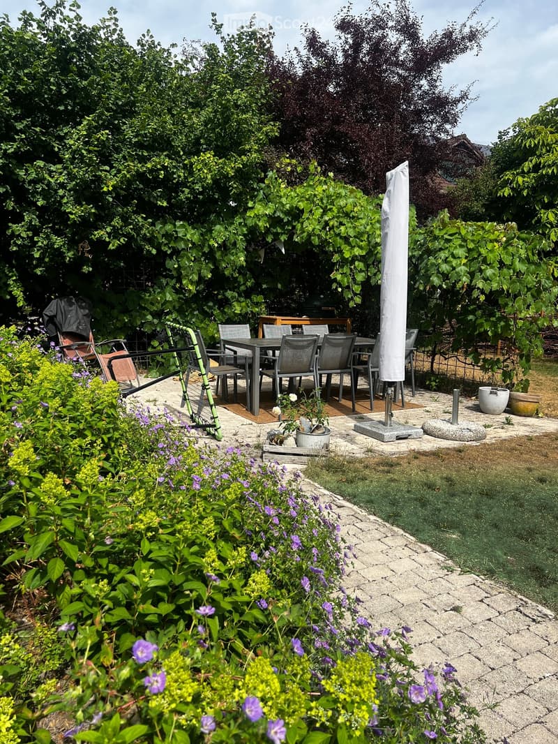 Garden area with a stone-paved patio, a dining table with chairs, an umbrella, and surrounding greenery including flowers and shrubs.