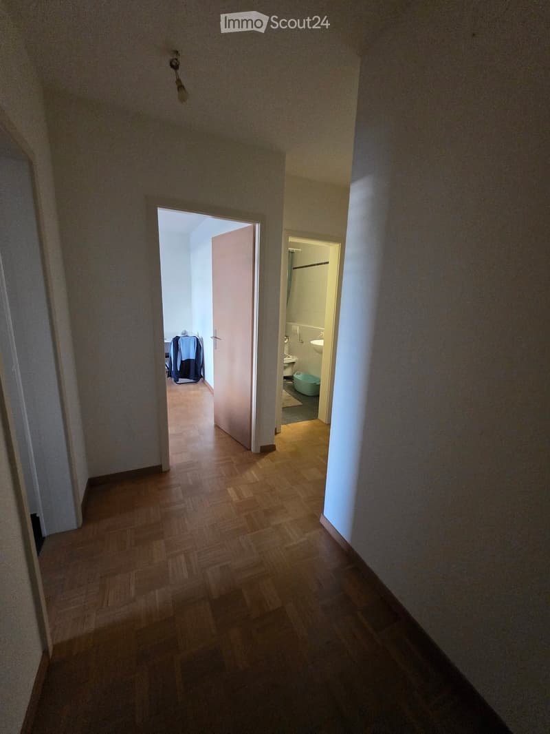A narrow hallway with wooden flooring and light-colored walls, leading to a partially visible bathroom and another room with a covered object on the floor.
