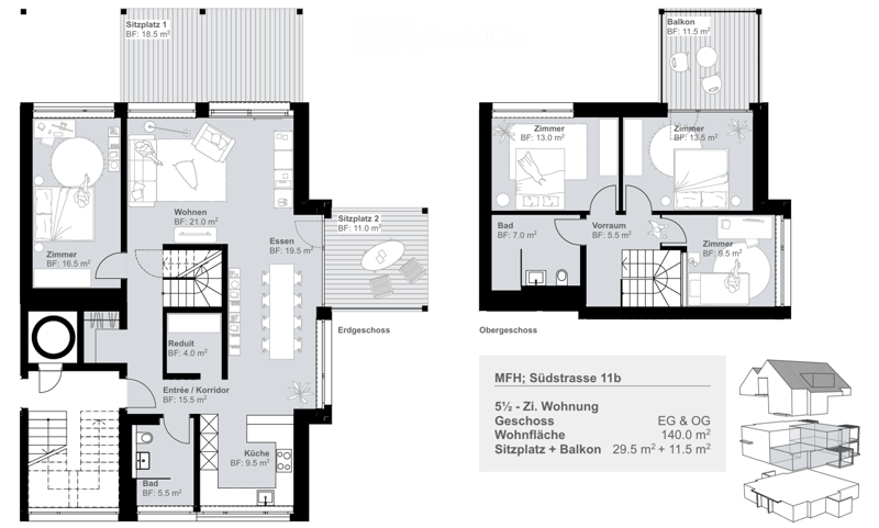 Floor plan of a 2-story apartment with living room, dining area, kitchen, bedrooms, bathrooms, hallway, and balcony.