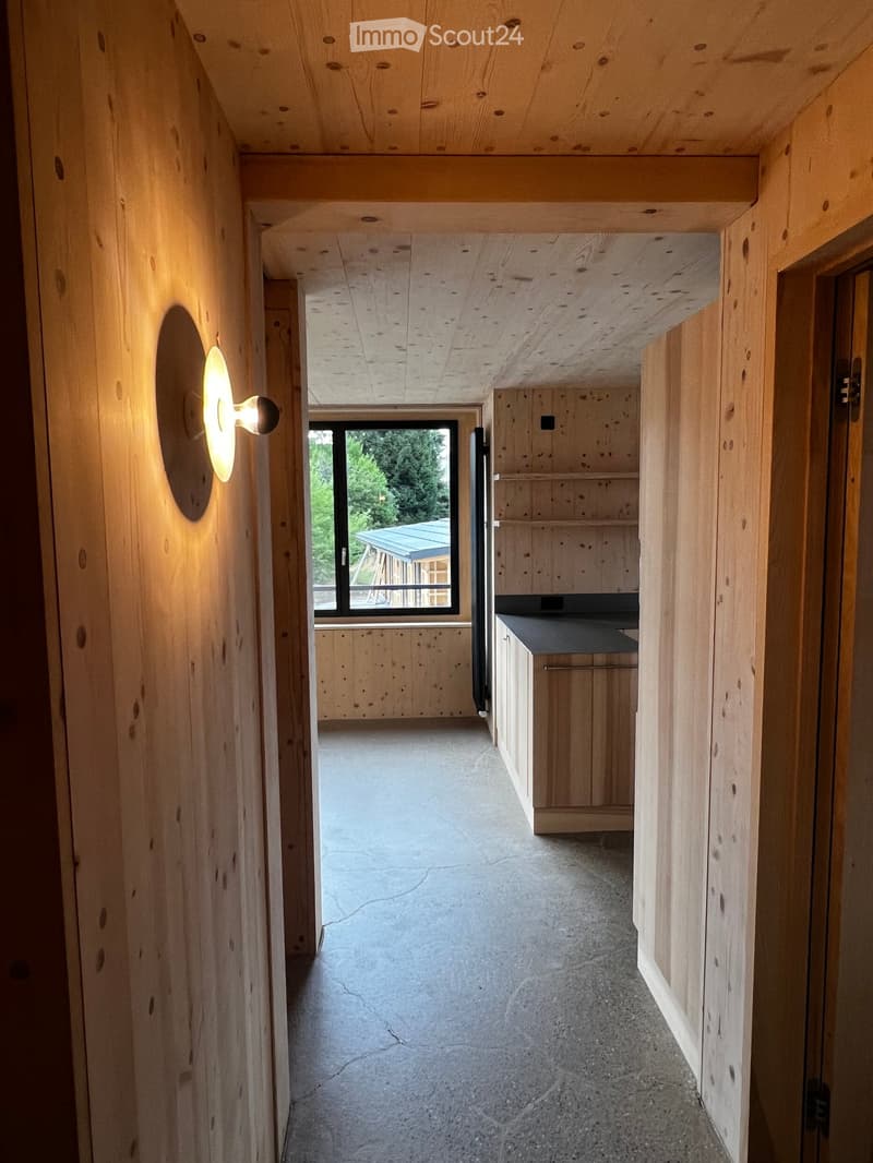 Minimalist wooden hallway with exposed beams, concrete floor, and a built-in shelf unit on the right side. A large window at the end offers a view of the outdoor area.