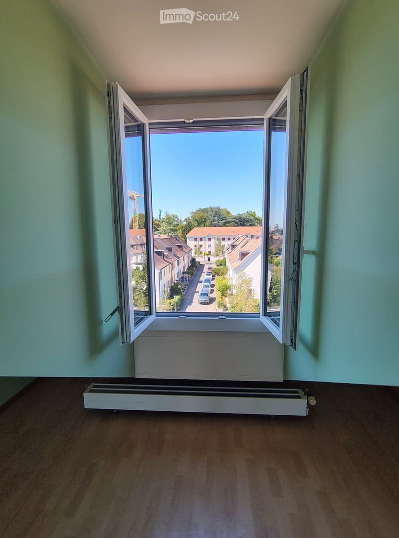 Empty room with wooden flooring, light green walls, large window with open shutters, radiator, and a view of a street with houses and cars.
