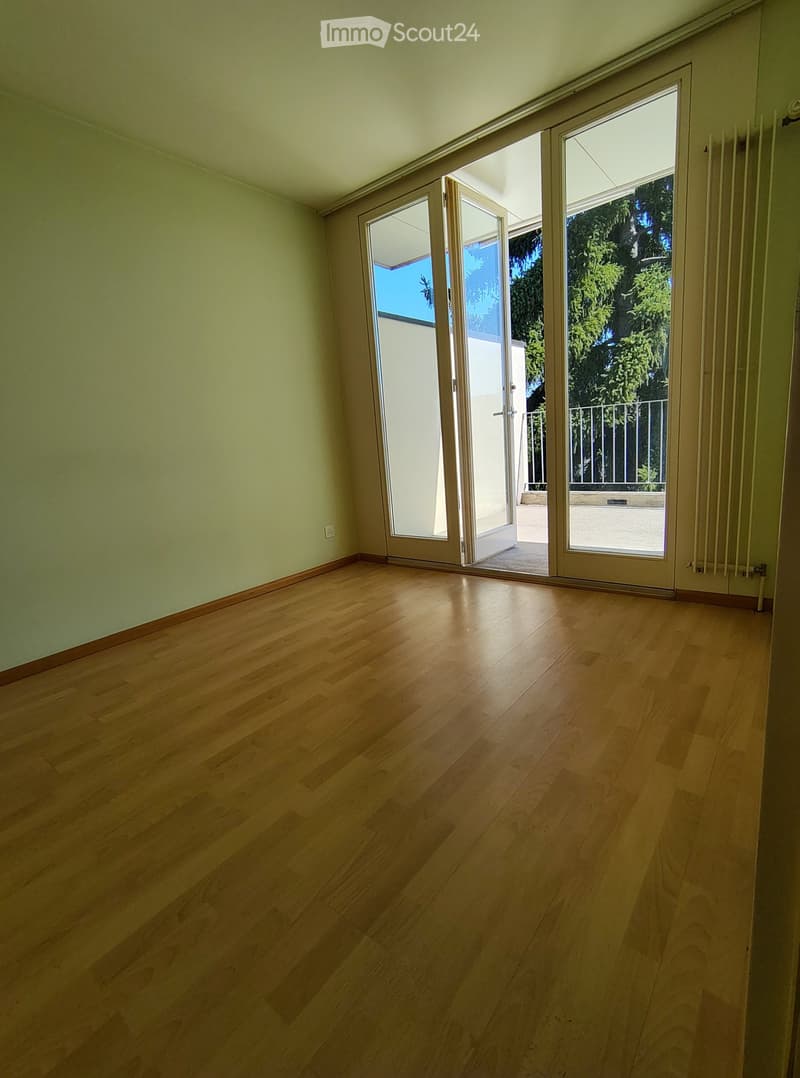 Empty room with light green walls and wooden flooring, featuring large sliding glass doors leading to a balcony or outdoor area.