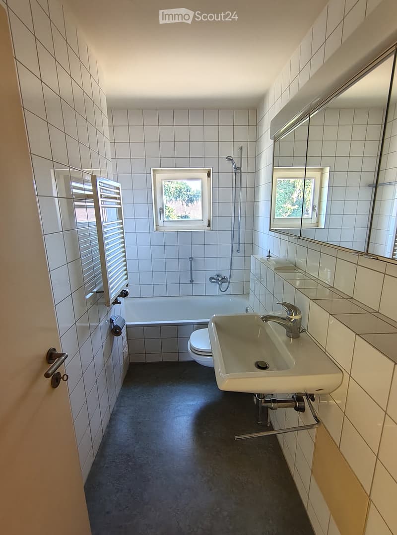 Modern bathroom with white tiled walls, dark grey floor, bathtub, toilet, sink, mirror, radiator, and shower.