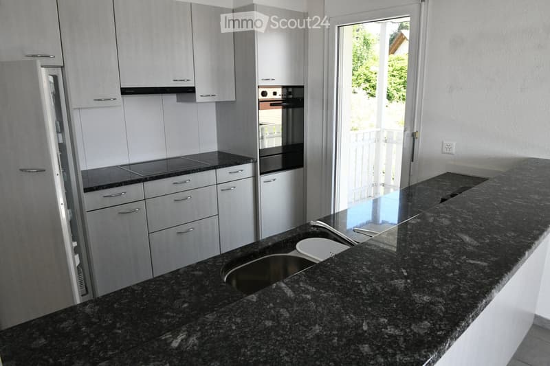 kitchen with granite countertop, stainless steel sink, built-in dishwasher, built-in oven, sliding door to balcony, built-in cabinets, tiled flooring