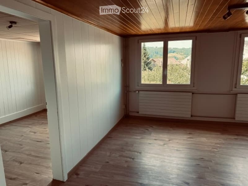 Empty room with wooden flooring, white paneled walls, and large windows offering a view of greenery outside. The ceiling is finished with wooden paneling, and there is a radiator below the windows.