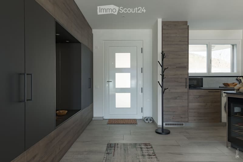 Modern hallway with wooden flooring, white walls, and a white door with glass panels. Features include a coat rack, built-in storage, and a small rug.