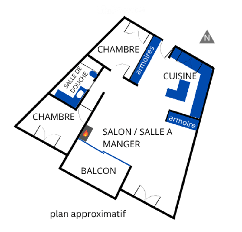 Floor plan of a 3-room apartment with a living room, kitchen, two bedrooms, and a balcony.