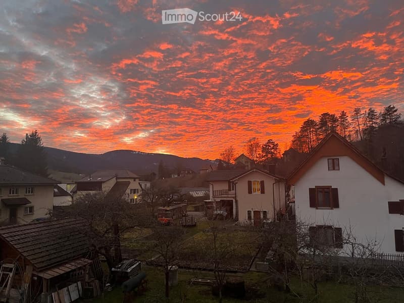 Residential houses with pitched roofs, surrounded by trees and a scenic sunset sky.