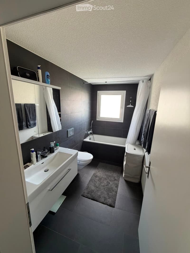 Modern bathroom with dark tiles, a white sink, toilet, bathtub, and a window. Includes a mirror, towels, and a shower curtain.