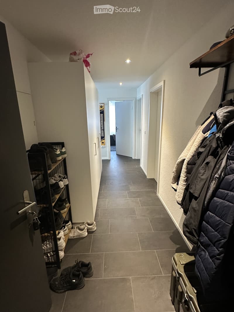 Modern hallway with built-in storage, shoe rack, and coat rack. Features recessed lighting and a skylight window at the far end.